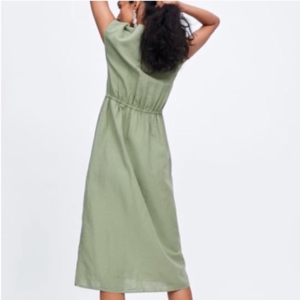 Zara Linen Blend Front Knot Slit Midi Lightweight Coastal Green Dress Size Small - Picture 4 of 12